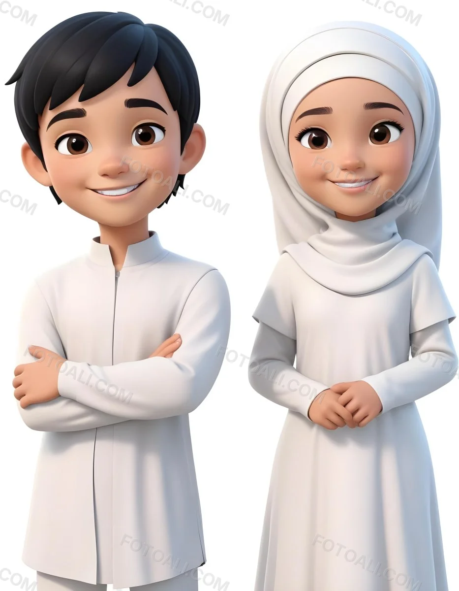 Adorable Cartoon Style A Young Boy With Black Hair And Light Skin Wearing A White Garment Smiling And Standing On The Left Beside Him Is A Young Girl With Light Skin Wearing A Black Hijab And A Matching Garment Also 8 80f9