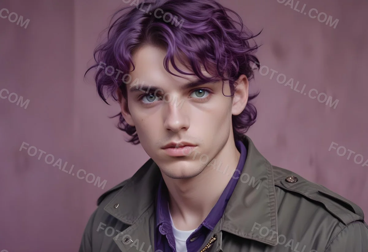 Adorable Cartoon Style A Young Caucasian Man With Wavy Purple Hair Intense Green Eyes And A Serious Expression Wearing A Military Style Jacket 3d Render Cartoon 1 Df53