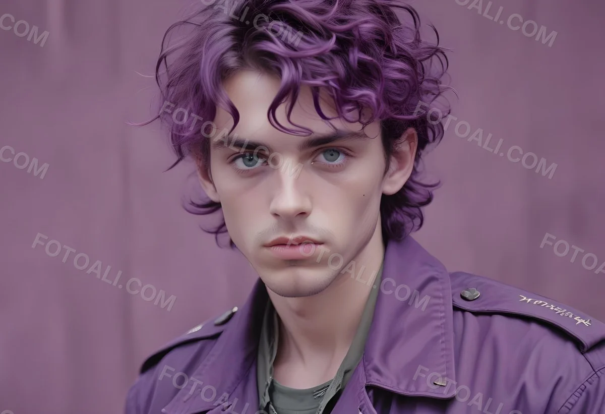 Adorable Cartoon Style A Young Caucasian Man With Wavy Purple Hair Intense Green Eyes And A Serious Expression Wearing A Military Style Jacket 3d Render Cartoon 11 5d8a