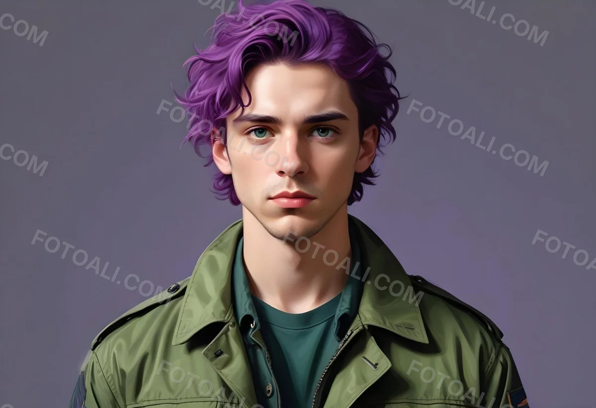 Adorable Cartoon Style A Young Caucasian Man With Wavy Purple Hair Intense Green Eyes And A Serious Expression Wearing A Military Style Jacket 3d Render Cartoon 25 55c3