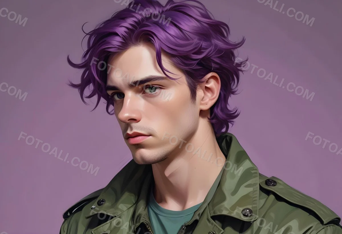 Adorable Cartoon Style A Young Caucasian Man With Wavy Purple Hair Intense Green Eyes And A Serious Expression Wearing A Military Style Jacket 3d Render Cartoon 27 28a5