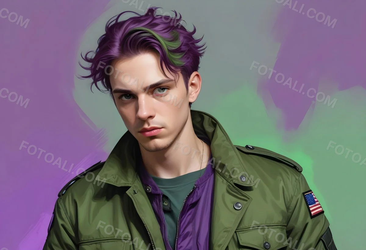 Adorable Cartoon Style A Young Caucasian Man With Wavy Purple Hair Intense Green Eyes And A Serious Expression Wearing A Military Style Jacket 3d Render Cartoon 29 03c6
