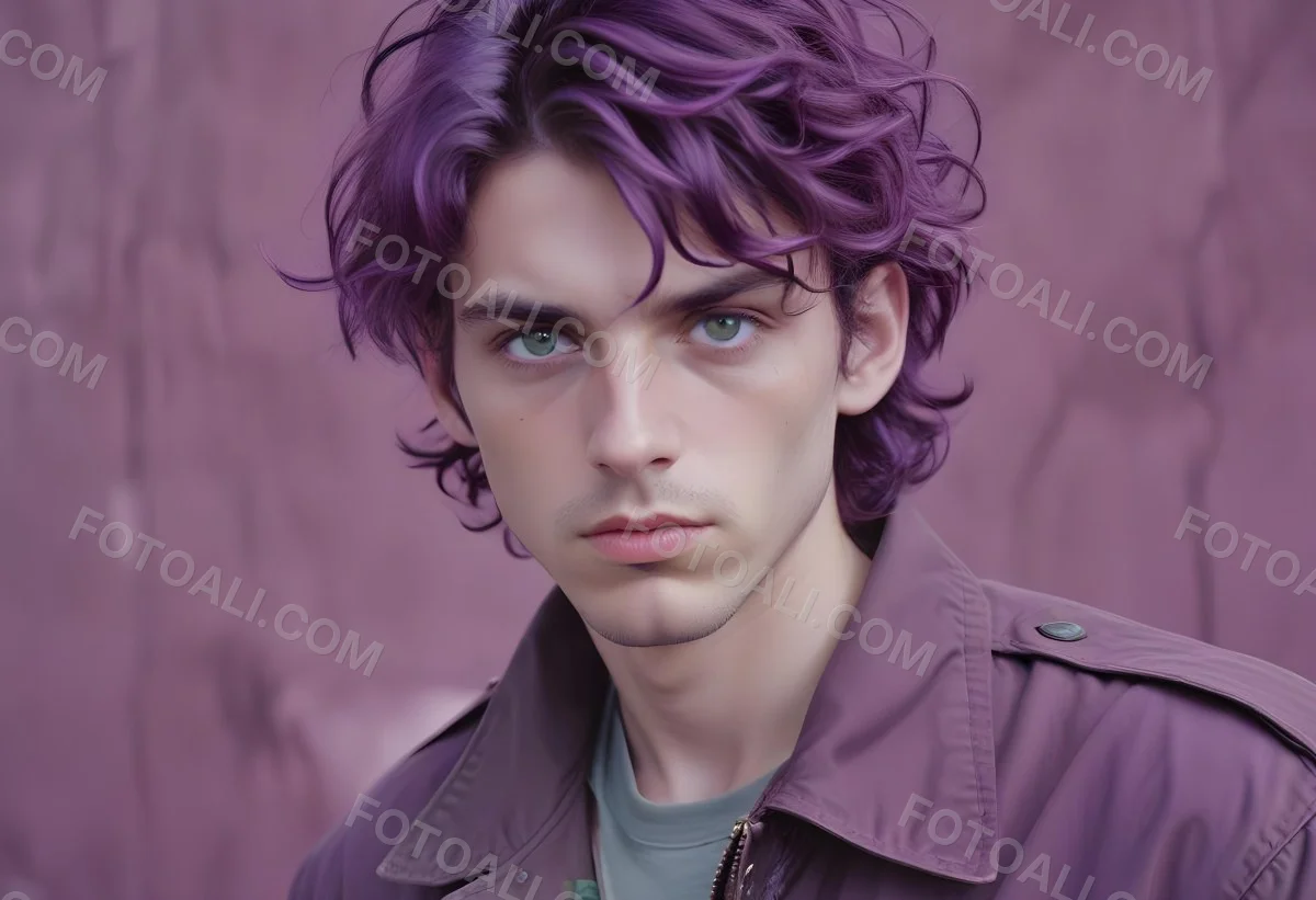 Adorable Cartoon Style A Young Caucasian Man With Wavy Purple Hair Intense Green Eyes And A Serious Expression Wearing A Military Style Jacket 3d Render Cartoon 3 Fc5a