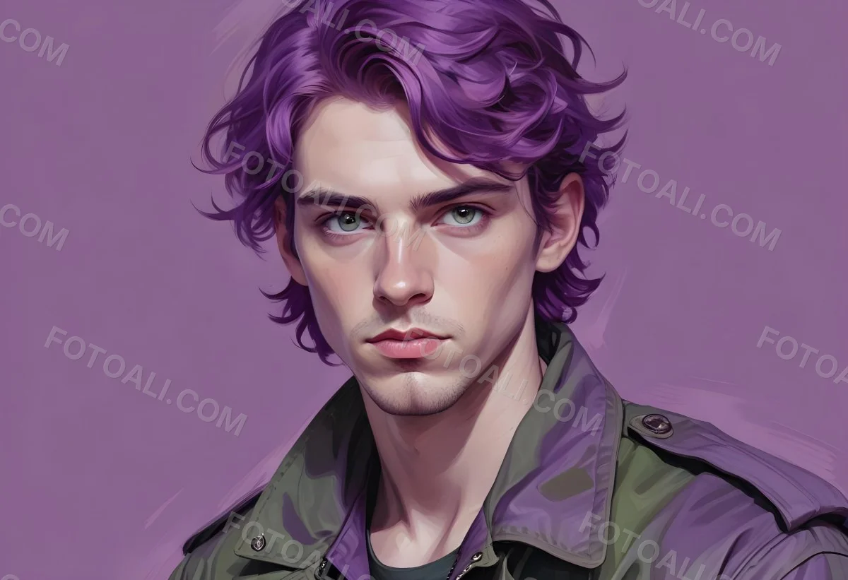 Adorable Cartoon Style A Young Caucasian Man With Wavy Purple Hair Intense Green Eyes And A Serious Expression Wearing A Military Style Jacket 3d Render Cartoon 34 Cc4d
