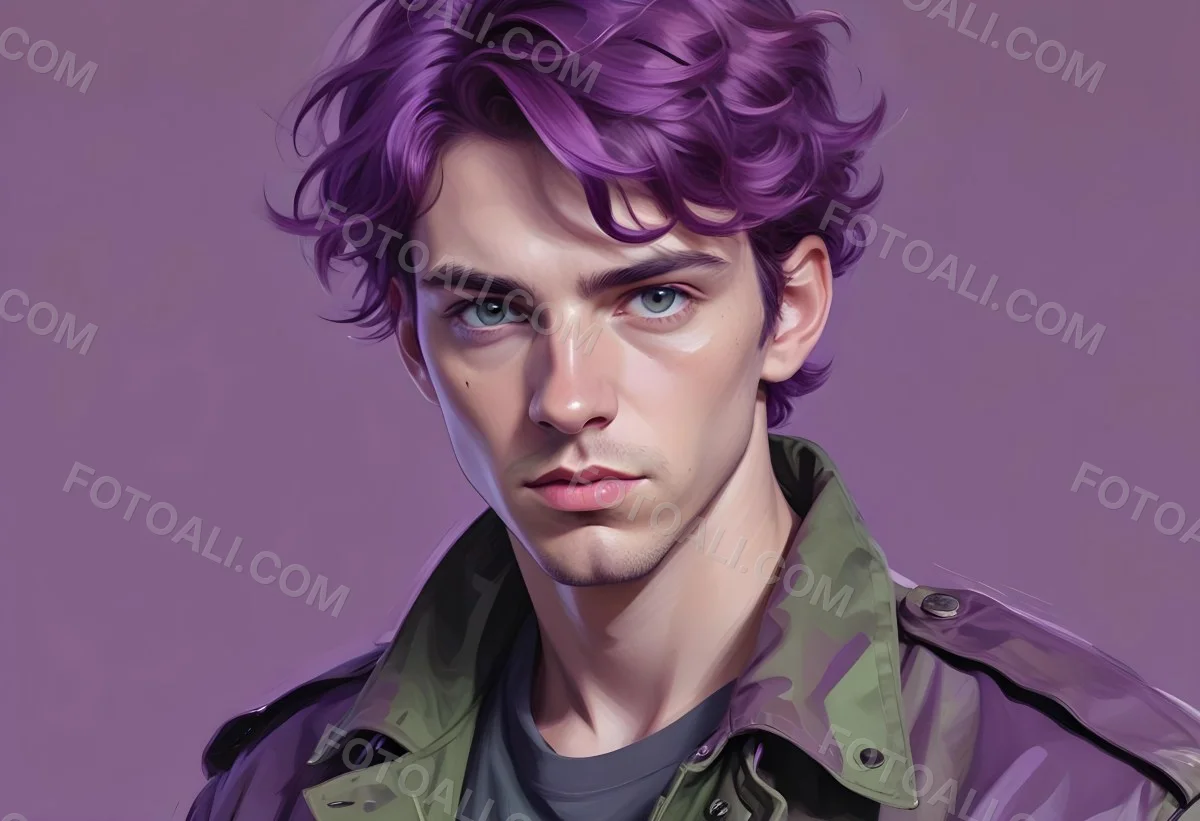 Adorable Cartoon Style A Young Caucasian Man With Wavy Purple Hair Intense Green Eyes And A Serious Expression Wearing A Military Style Jacket 3d Render Cartoon 36 8215