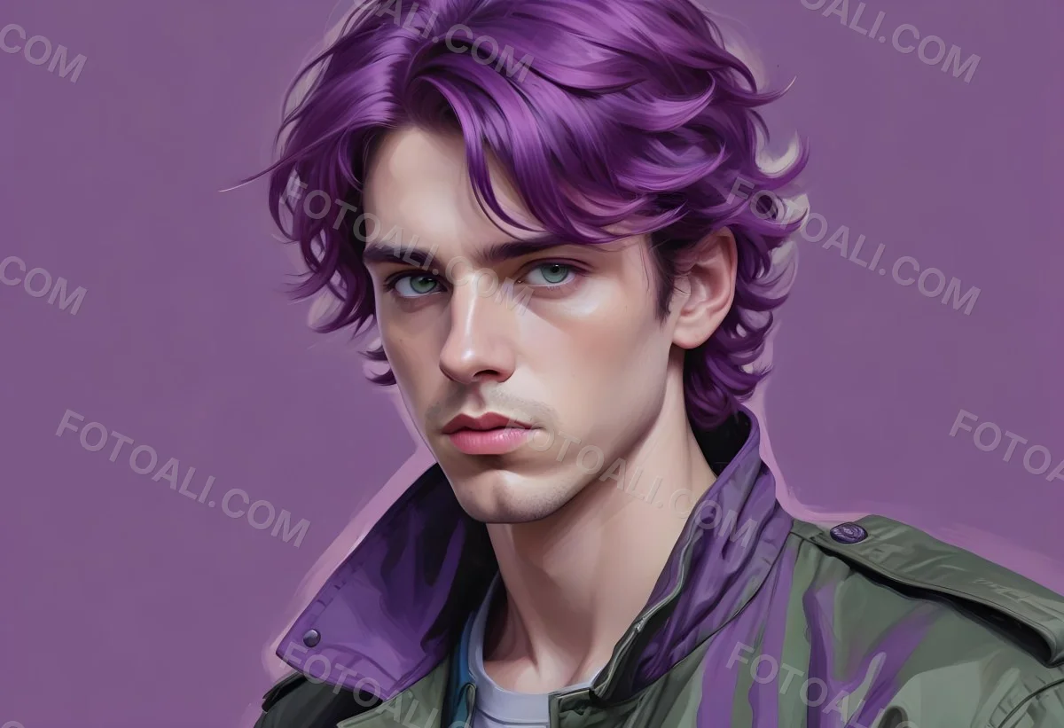 Adorable Cartoon Style A Young Caucasian Man With Wavy Purple Hair Intense Green Eyes And A Serious Expression Wearing A Military Style Jacket 3d Render Cartoon 38 Fd3a