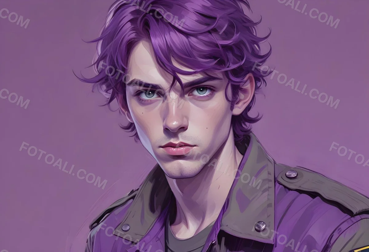 Adorable Cartoon Style A Young Caucasian Man With Wavy Purple Hair Intense Green Eyes And A Serious Expression Wearing A Military Style Jacket 3d Render Cartoon 39 3d87