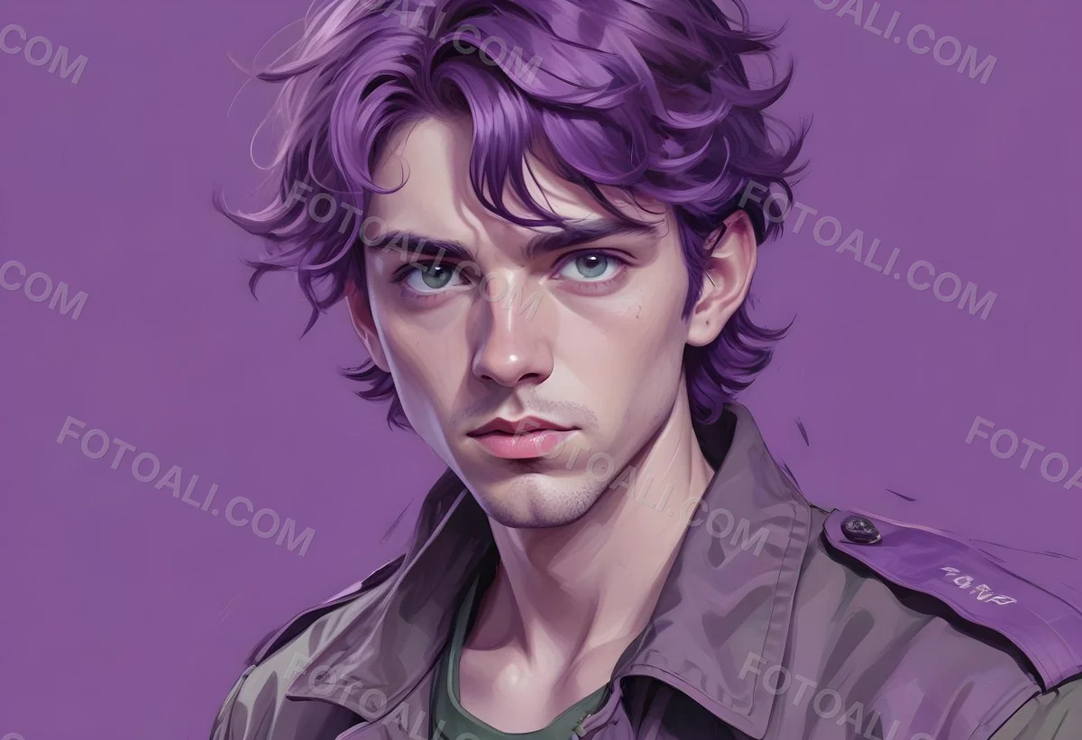 Adorable Cartoon Style A Young Caucasian Man With Wavy Purple Hair Intense Green Eyes And A Serious Expression Wearing A Military Style Jacket 3d Render Cartoon 40 E3ff
