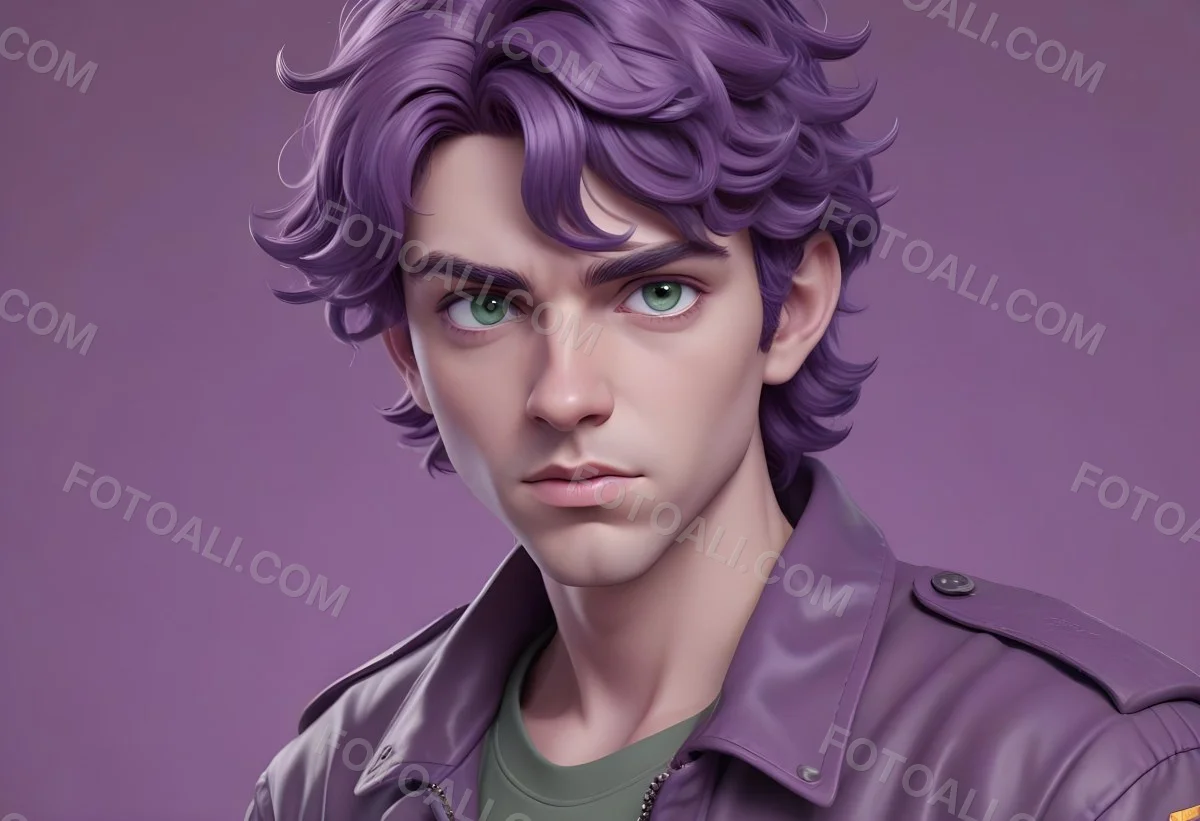 Adorable Cartoon Style A Young Caucasian Man With Wavy Purple Hair Intense Green Eyes And A Serious Expression Wearing A Military Style Jacket 3d Render Cartoon 42 429d