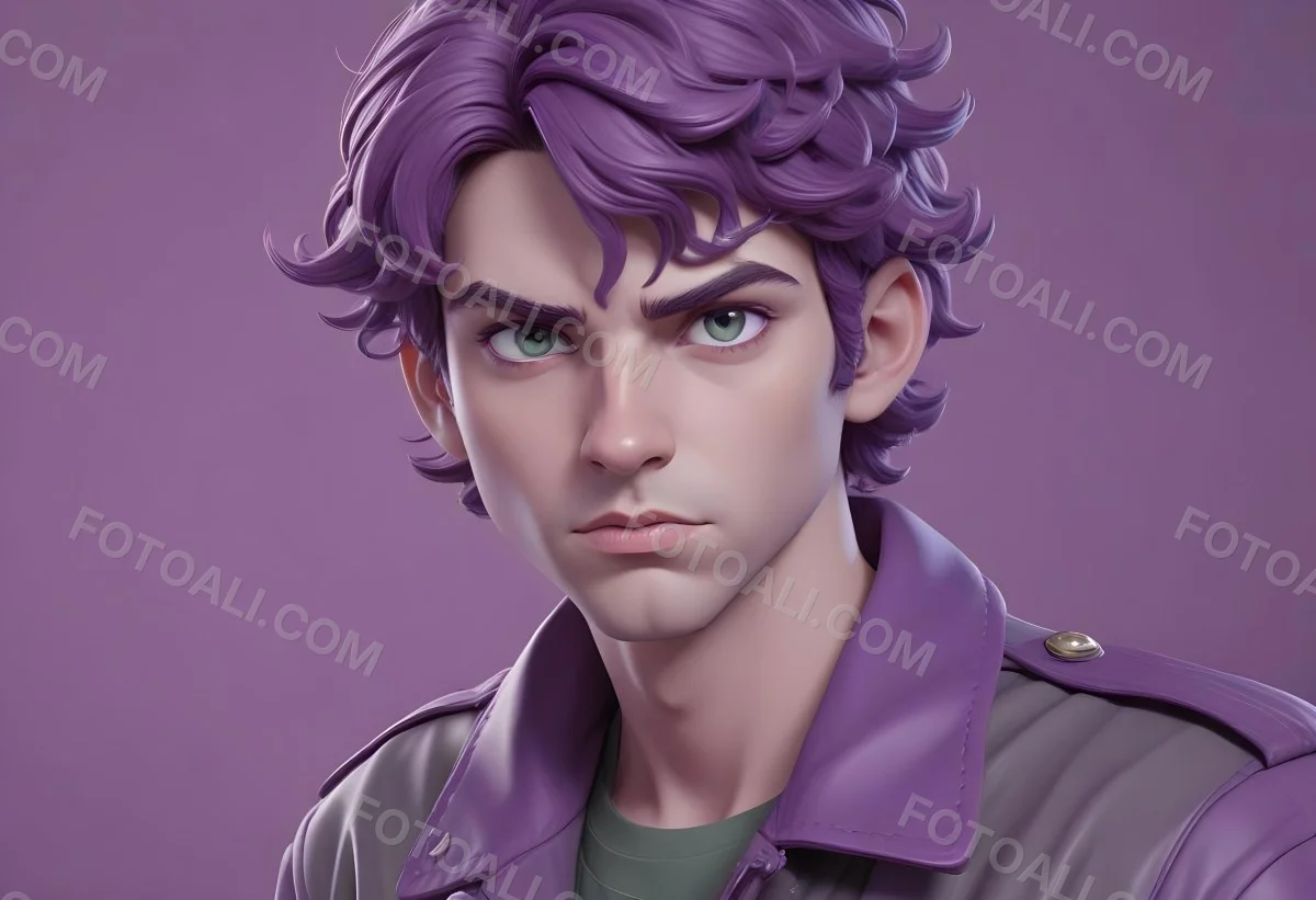 Adorable Cartoon Style A Young Caucasian Man With Wavy Purple Hair Intense Green Eyes And A Serious Expression Wearing A Military Style Jacket 3d Render Cartoon 55 F556