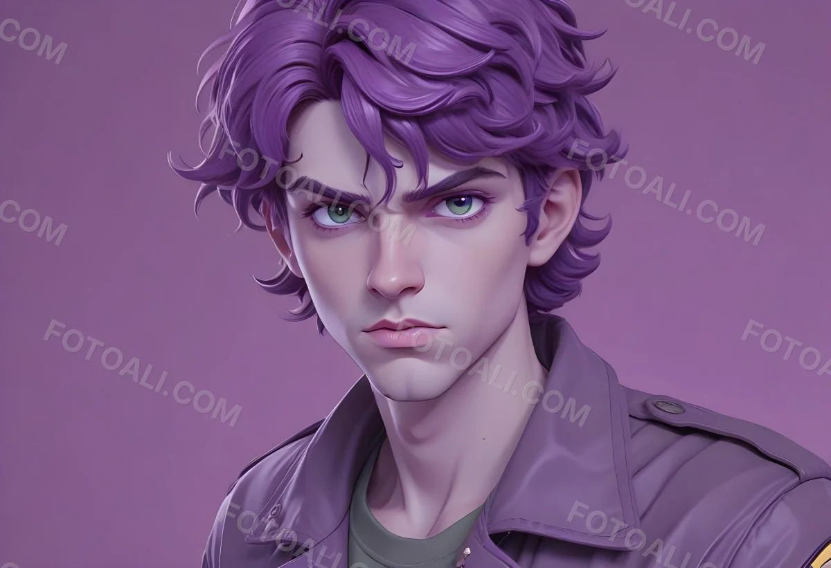Adorable Cartoon Style A Young Caucasian Man With Wavy Purple Hair Intense Green Eyes And A Serious Expression Wearing A Military Style Jacket 3d Render Cartoon 56 Bd84