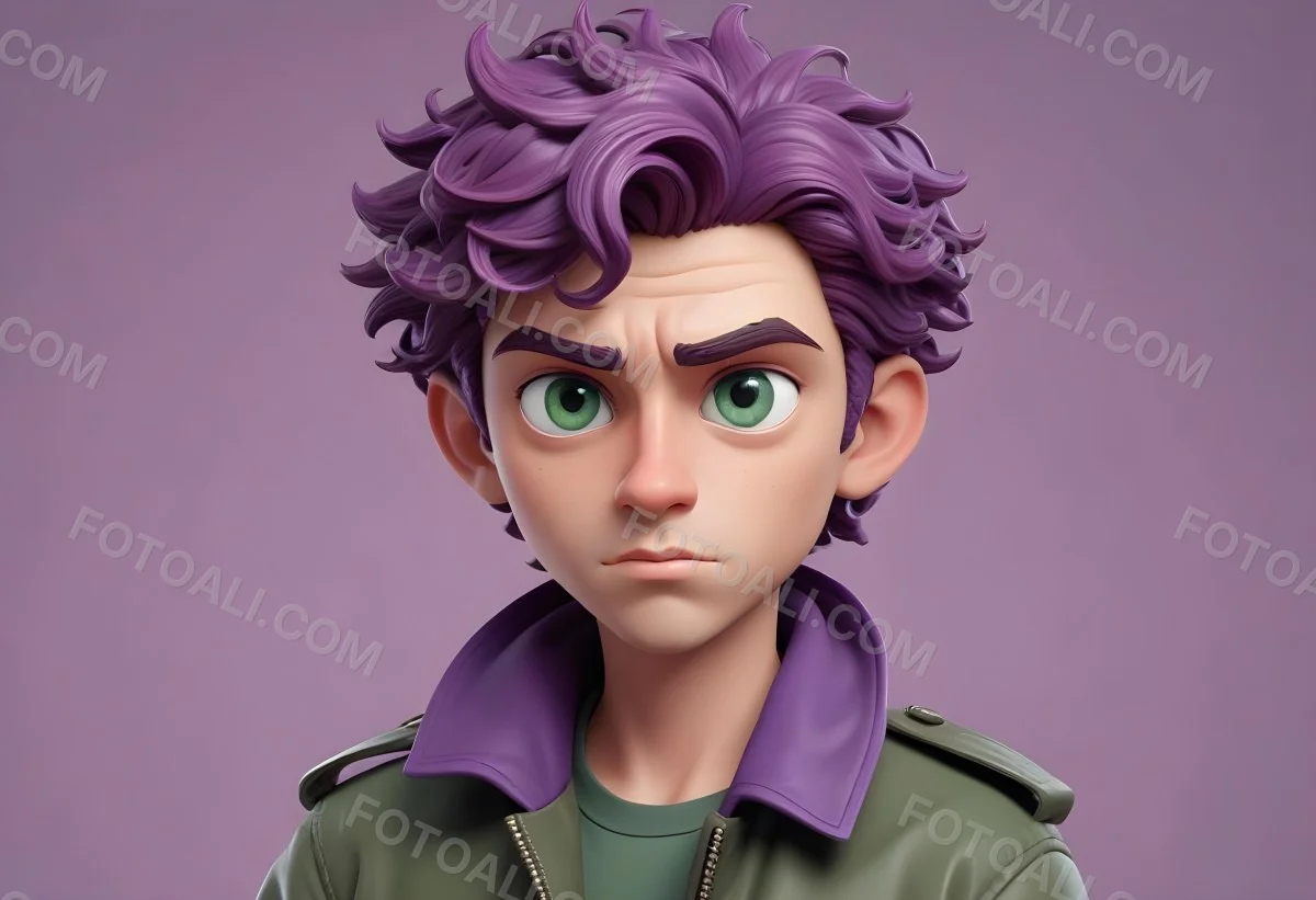 Adorable Cartoon Style A Young Caucasian Man With Wavy Purple Hair Intense Green Eyes And A Serious Expression Wearing A Military Style Jacket 3d Render Cartoon 57 6ca0