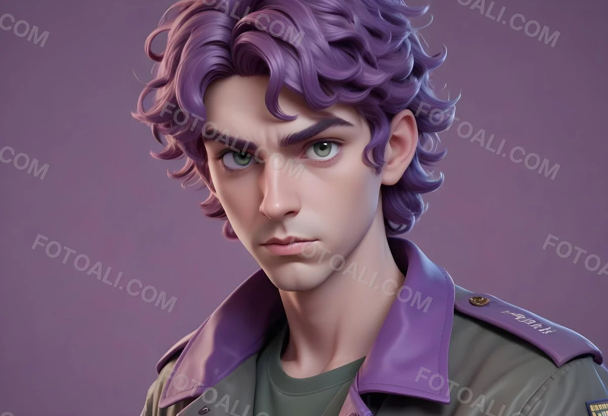 Adorable Cartoon Style A Young Caucasian Man With Wavy Purple Hair Intense Green Eyes And A Serious Expression Wearing A Military Style Jacket 3d Render Cartoon 58 B207