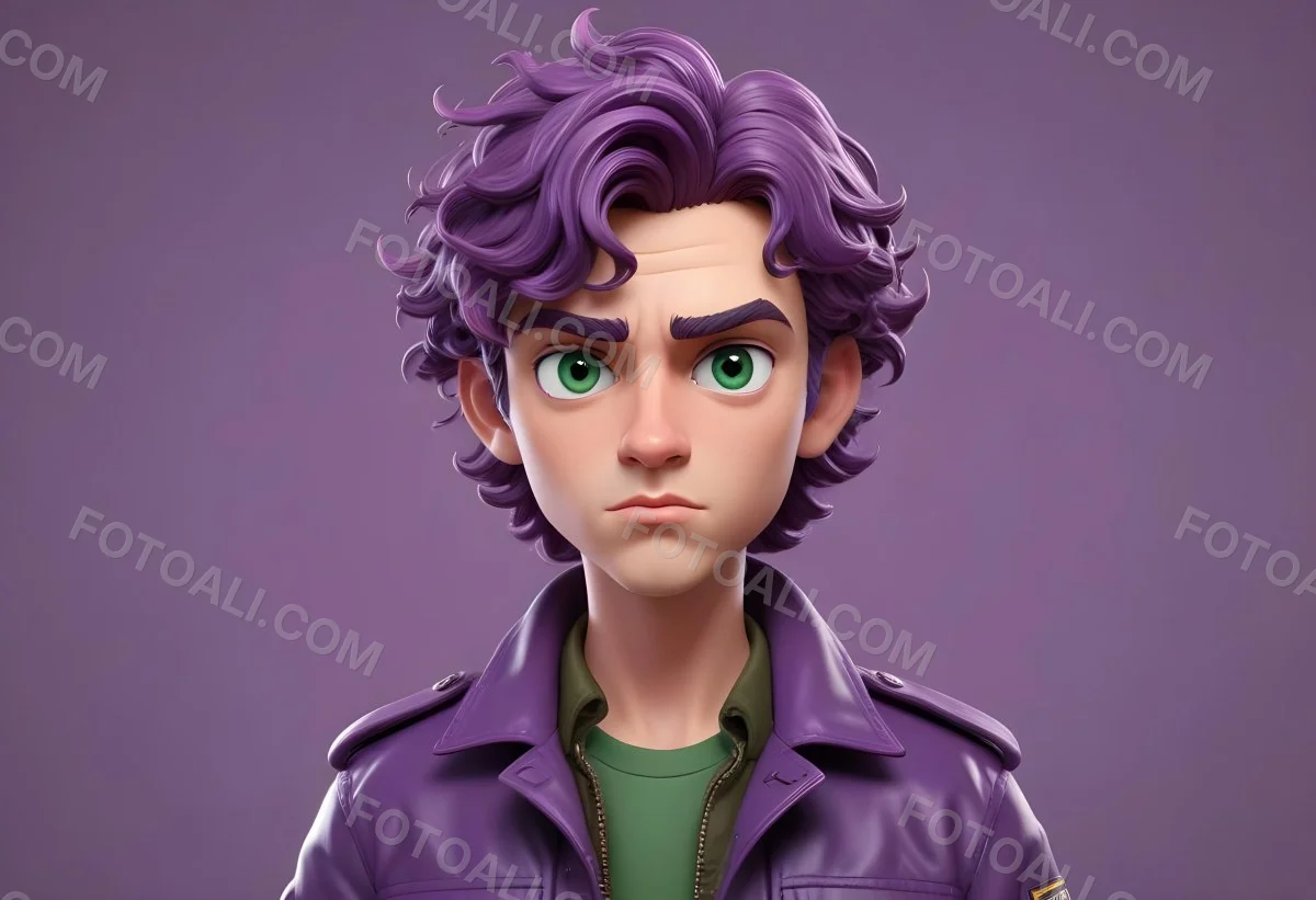 Adorable Cartoon Style A Young Caucasian Man With Wavy Purple Hair Intense Green Eyes And A Serious Expression Wearing A Military Style Jacket 3d Render Cartoon 59 877b