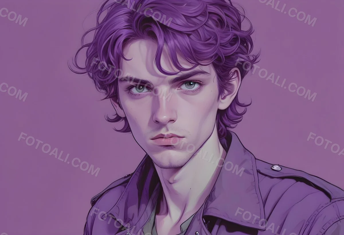 Adorable Cartoon Style A Young Caucasian Man With Wavy Purple Hair Intense Green Eyes And A Serious Expression Wearing A Military Style Jacket 3d Render Cartoon 6 E204