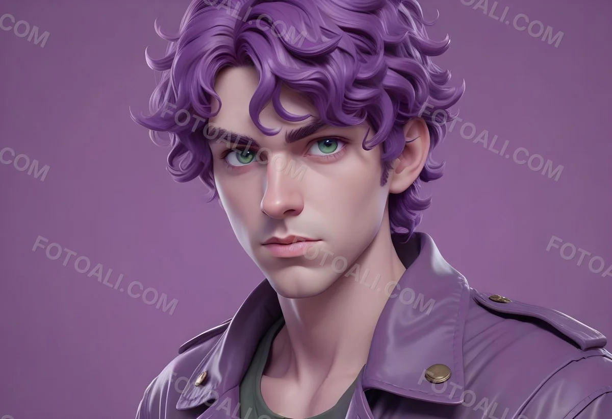 Adorable Cartoon Style A Young Caucasian Man With Wavy Purple Hair Intense Green Eyes And A Serious Expression Wearing A Military Style Jacket 3d Render Cartoon 60 Ac0e