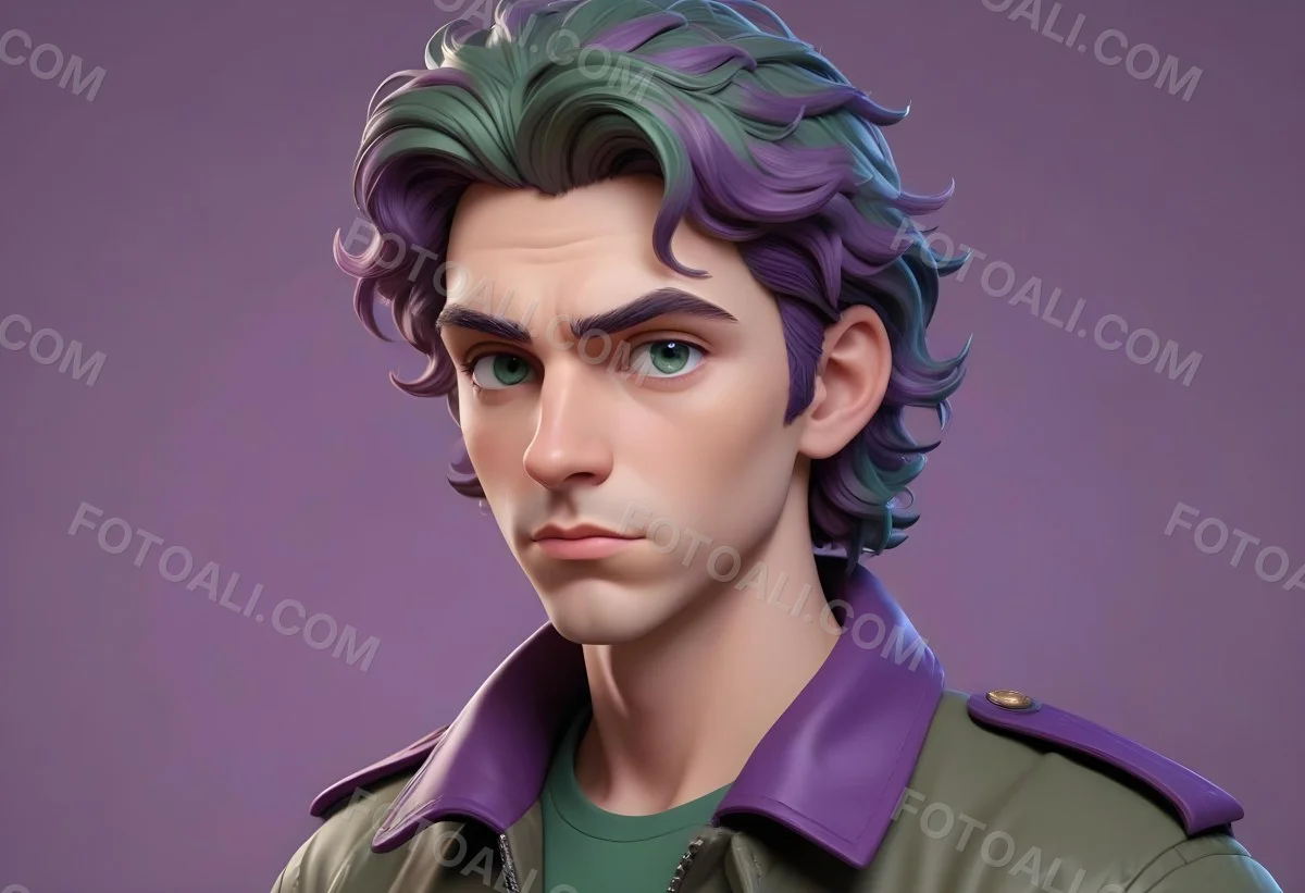 Adorable Cartoon Style A Young Caucasian Man With Wavy Purple Hair Intense Green Eyes And A Serious Expression Wearing A Military Style Jacket 3d Render Cartoon 61 8b74