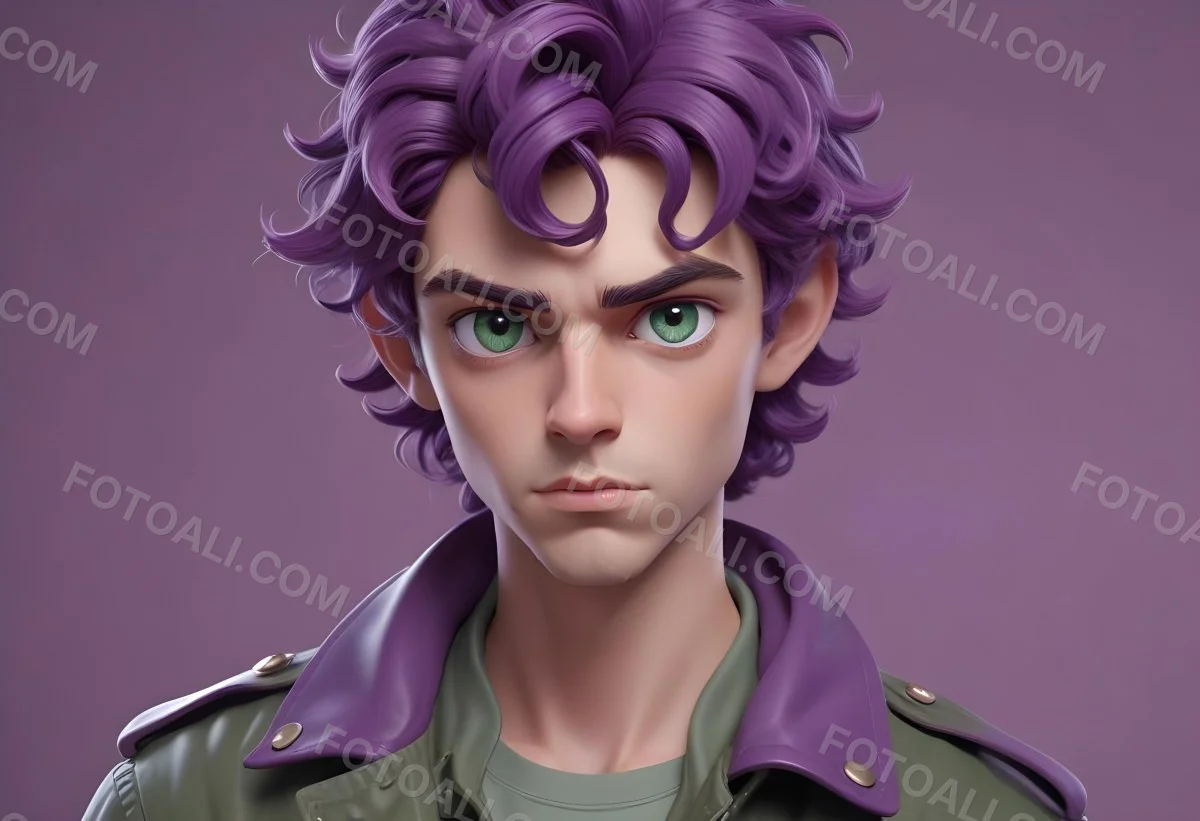 Adorable Cartoon Style A Young Caucasian Man With Wavy Purple Hair Intense Green Eyes And A Serious Expression Wearing A Military Style Jacket 3d Render Cartoon 62 Fc95