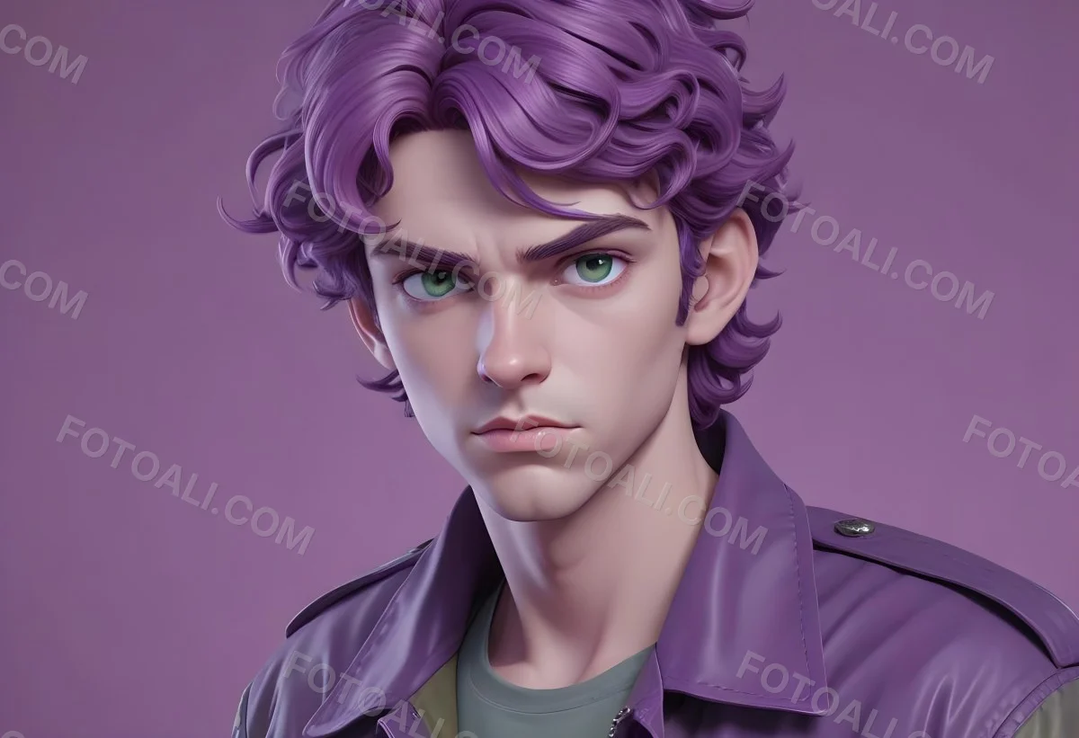 Adorable Cartoon Style A Young Caucasian Man With Wavy Purple Hair Intense Green Eyes And A Serious Expression Wearing A Military Style Jacket 3d Render Cartoon 63 Acbe