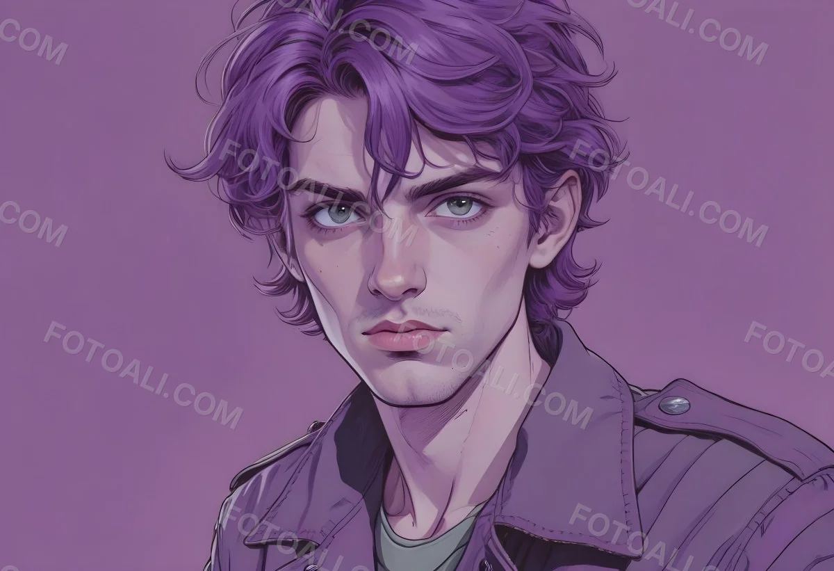 Adorable Cartoon Style A Young Caucasian Man With Wavy Purple Hair Intense Green Eyes And A Serious Expression Wearing A Military Style Jacket 3d Render Cartoon 7 3bf3