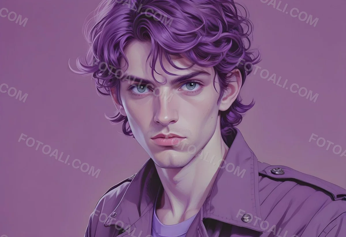 Adorable Cartoon Style A Young Caucasian Man With Wavy Purple Hair Intense Green Eyes And A Serious Expression Wearing A Military Style Jacket 3d Render Cartoon 8 B001