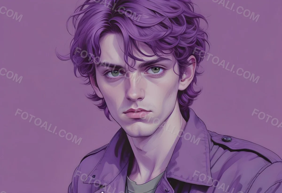 Adorable Cartoon Style A Young Caucasian Man With Wavy Purple Hair Intense Green Eyes And A Serious Expression Wearing A Military Style Jacket 3d Render Cartoon 9 B386