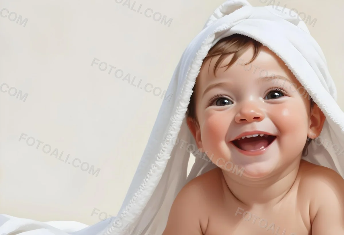 Adorable Cartoon Style Baby With Light Skin And Brown Hair Smiling Widely While Wrapped In A White Towel The Background Is Plain And Light Colored 3d Render Cartoon 34 1b5d