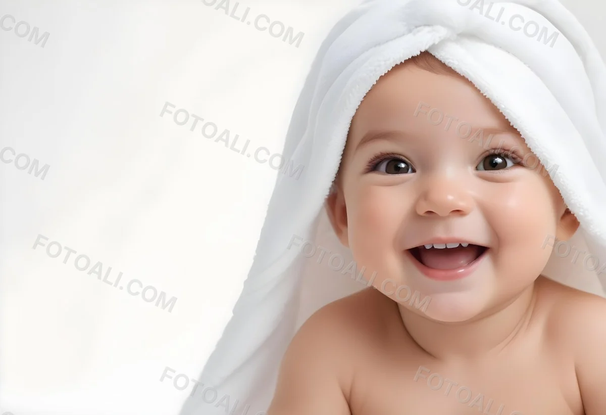 Adorable Cartoon Style Baby With Light Skin And Brown Hair Smiling Widely While Wrapped In A White Towel The Background Is Plain And Light Colored 3d Render Cartoon 41 Effc