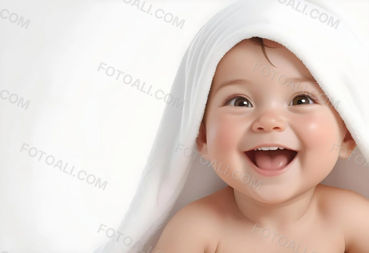 Adorable Cartoon Style Baby With Light Skin And Brown Hair Smiling Widely While Wrapped In A White Towel The Background Is Plain And Light Colored 3d Render Cartoon 46 0893
