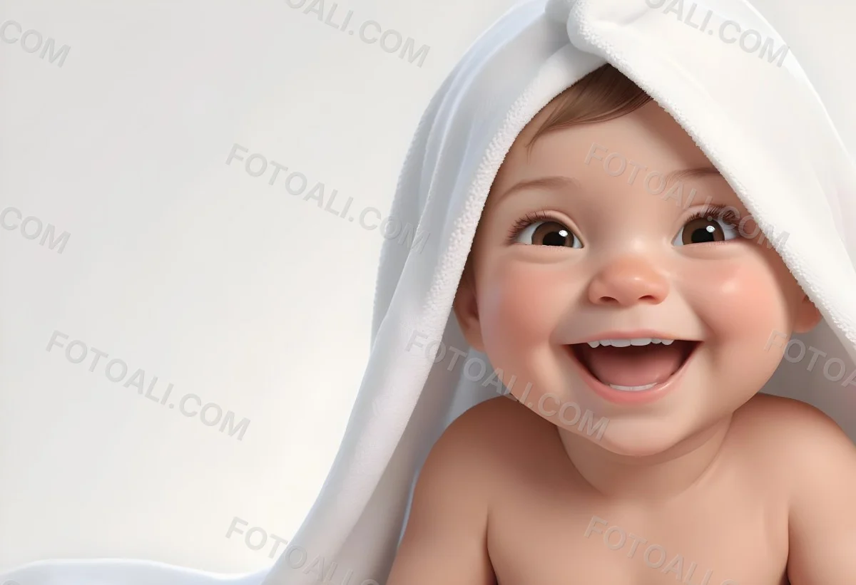 Adorable Cartoon Style Baby With Light Skin And Brown Hair Smiling Widely While Wrapped In A White Towel The Background Is Plain And Light Colored 3d Render Cartoon 48 Ee24