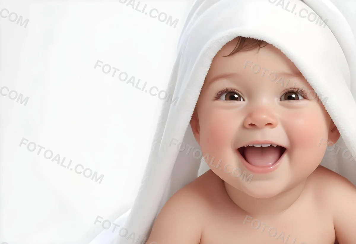 Adorable Cartoon Style Baby With Light Skin And Brown Hair Smiling Widely While Wrapped In A White Towel The Background Is Plain And Light Colored 3d Render Cartoon 54 Ac9e