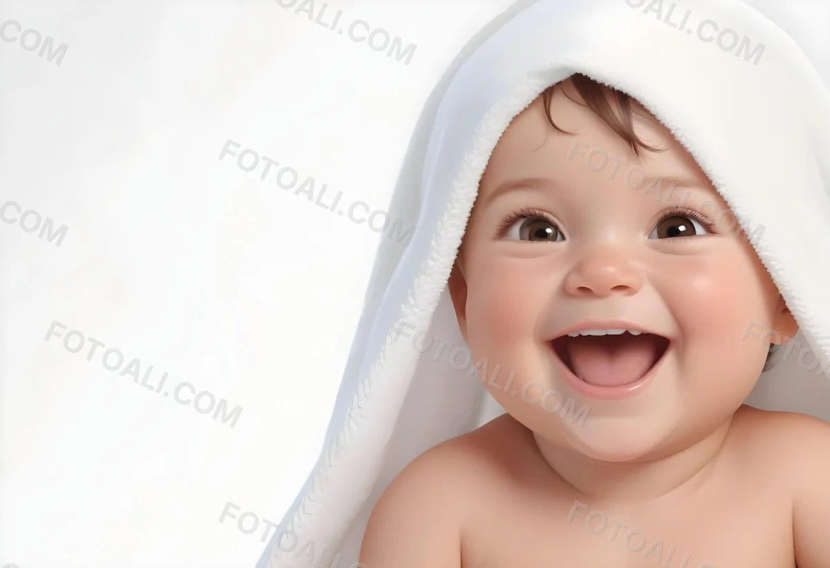 Adorable Cartoon Style Baby With Light Skin And Brown Hair Smiling Widely While Wrapped In A White Towel The Background Is Plain And Light Colored 3d Render Cartoon 69 E23b