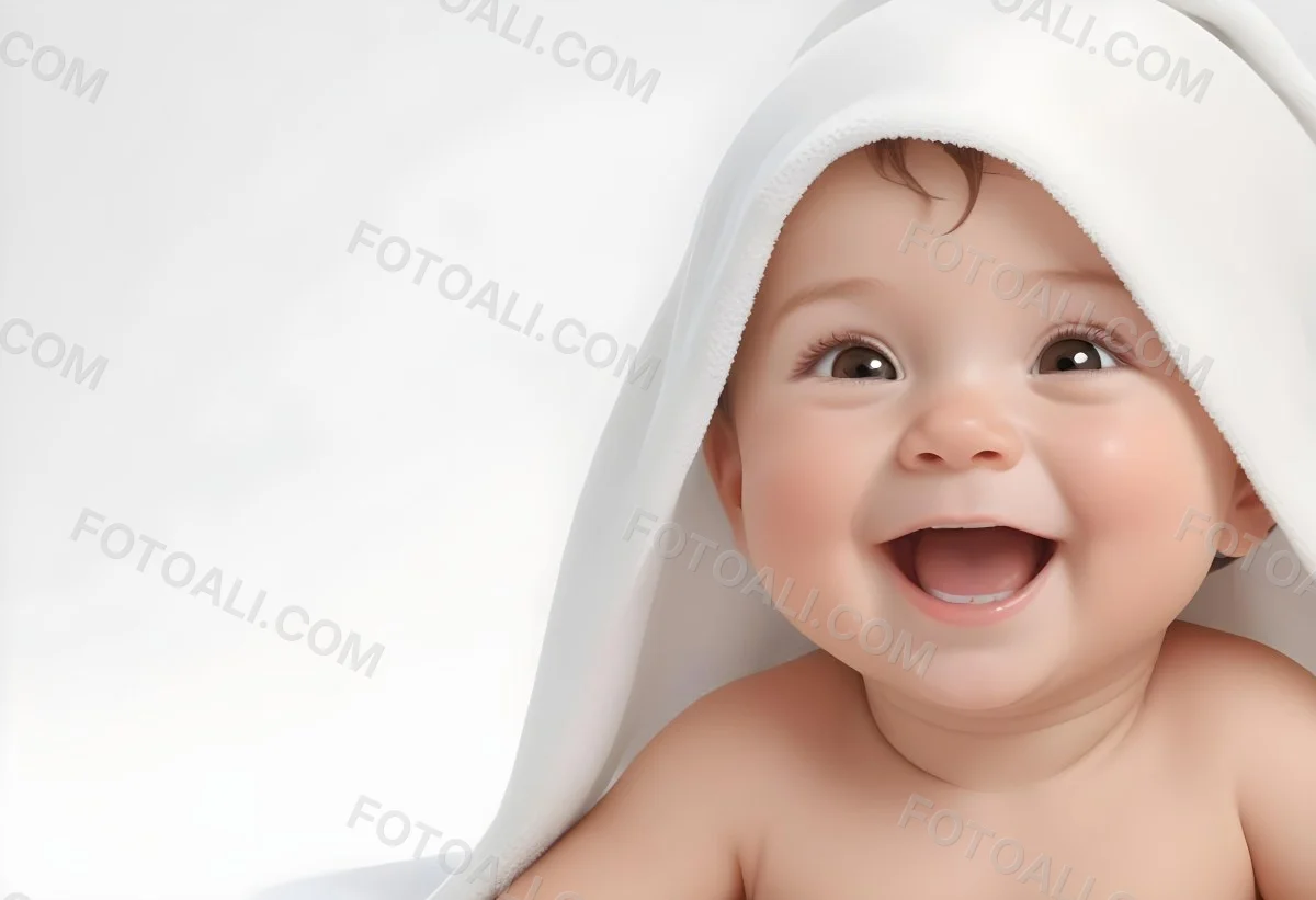 Adorable Cartoon Style Baby With Light Skin And Brown Hair Smiling Widely While Wrapped In A White Towel The Background Is Plain And Light Colored 3d Render Cartoon 72 Dfab
