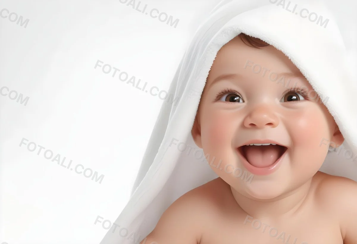 Adorable Cartoon Style Baby With Light Skin And Brown Hair Smiling Widely While Wrapped In A White Towel The Background Is Plain And Light Colored 3d Render Cartoon 77 7b35