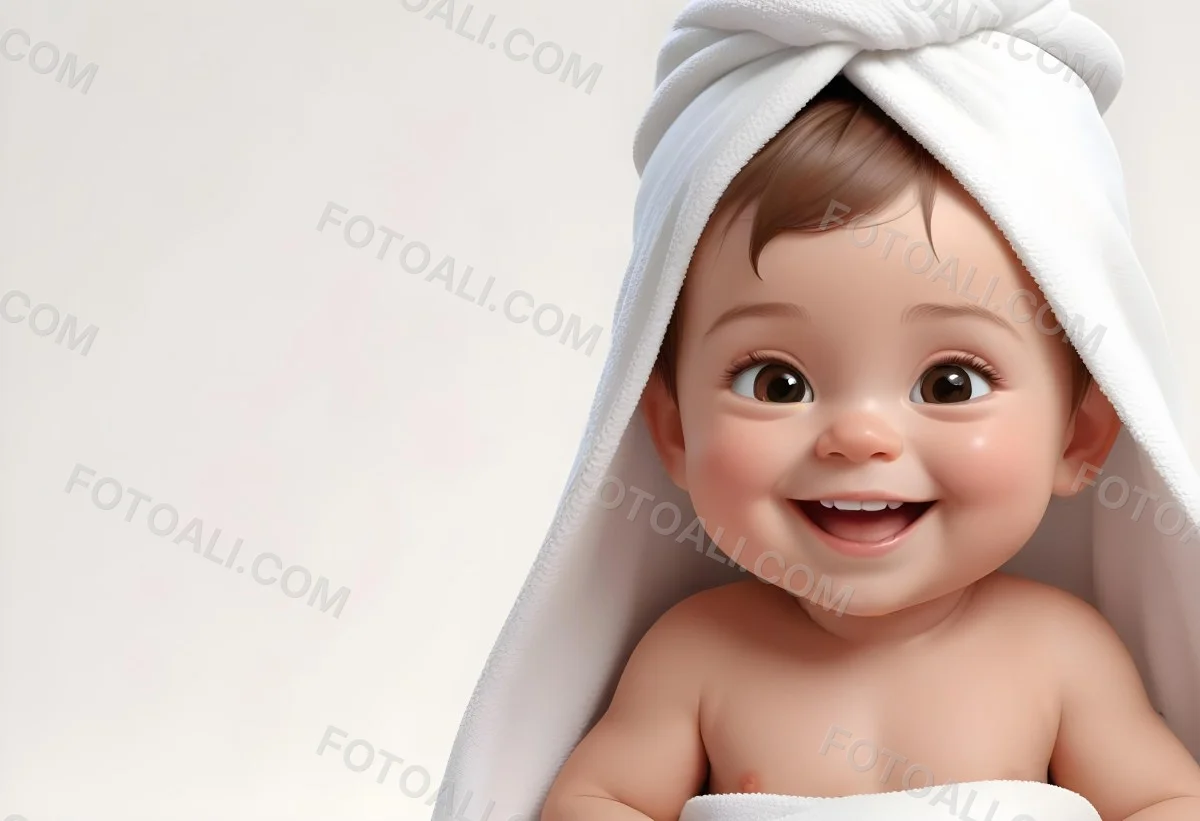 Adorable Cartoon Style Baby With Light Skin And Brown Hair Smiling Widely While Wrapped In A White Towel The Background Is Plain And Light Colored 3d Render Cartoon 78 Fc0a