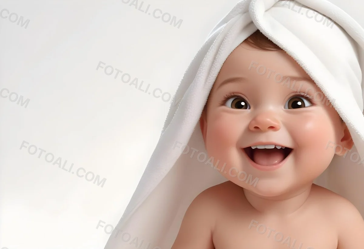 Adorable Cartoon Style Baby With Light Skin And Brown Hair Smiling Widely While Wrapped In A White Towel The Background Is Plain And Light Colored 3d Render Cartoon 80 4245