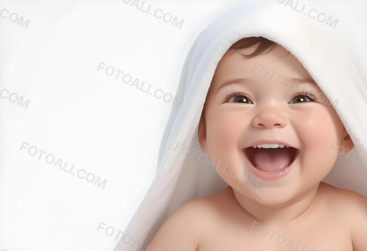 Adorable Cartoon Style Baby With Light Skin And Brown Hair Smiling Widely While Wrapped In A White Towel The Background Is Plain And Light Colored 3d Render Cartoon 84 E7bf