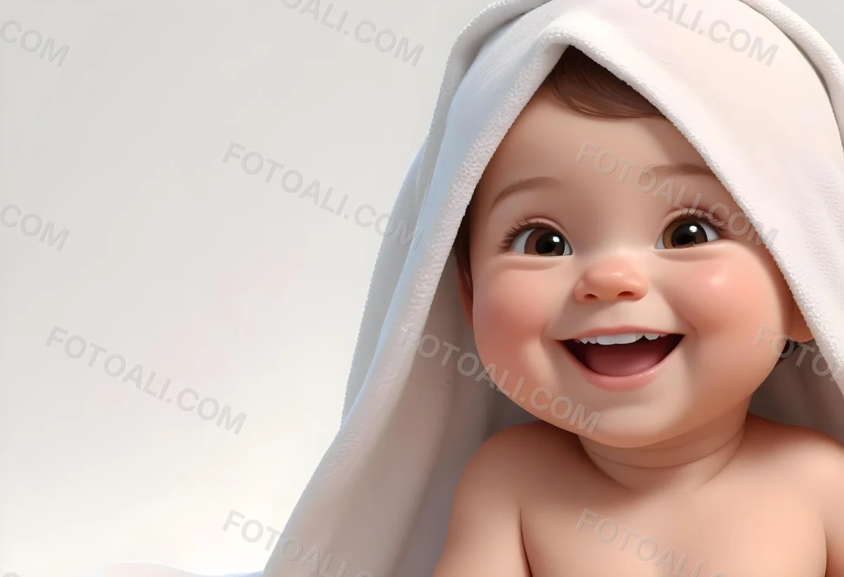 Adorable Cartoon Style Baby With Light Skin And Brown Hair Smiling Widely While Wrapped In A White Towel The Background Is Plain And Light Colored 3d Render Cartoon 86 8ea2