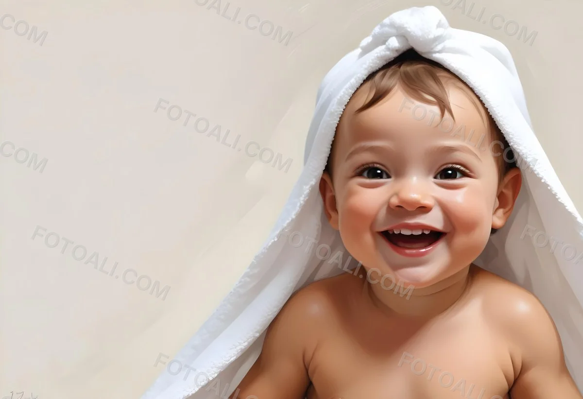 Adorable Cartoon Style Baby With Light Skin And Brown Hair Smiling Widely While Wrapped In A White Towel The Background Is Plain And Light Colored 3d Render Cartoon 87 Ec75