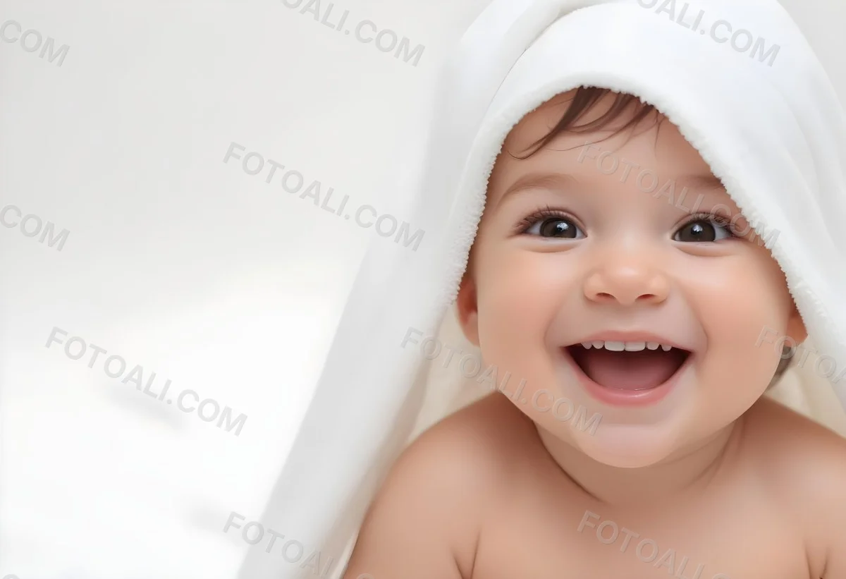 Adorable Cartoon Style Baby With Light Skin And Brown Hair Smiling Widely While Wrapped In A White Towel The Background Is Plain And Light Colored 3d Render Cartoon 9 499e