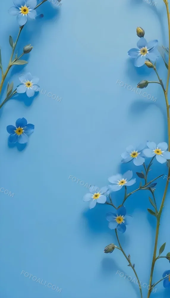 Adorable Cartoon Style Forget Me Not Flowers With Five Yellow Petals And A Blue Center Arranged On A Yellow Background With Stems And Buds Visible Creating A Delicate Floral Pattern 3d Render Cartoon 19 B6f4