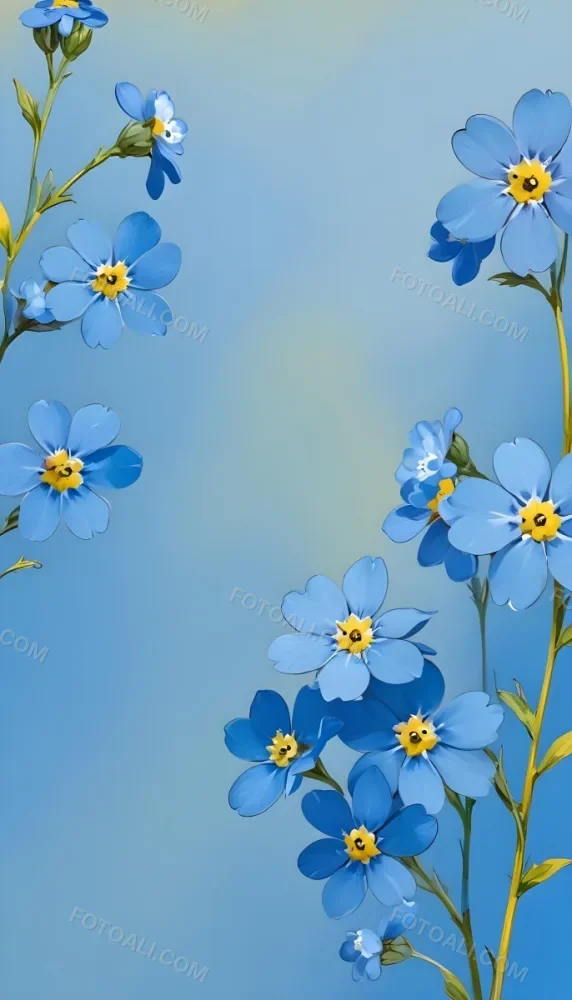 Adorable Cartoon Style Forget Me Not Flowers With Five Yellow Petals And A Blue Center Arranged On A Yellow Background With Stems And Buds Visible Creating A Delicate Floral Pattern 3d Render Cartoon 25 E6ab