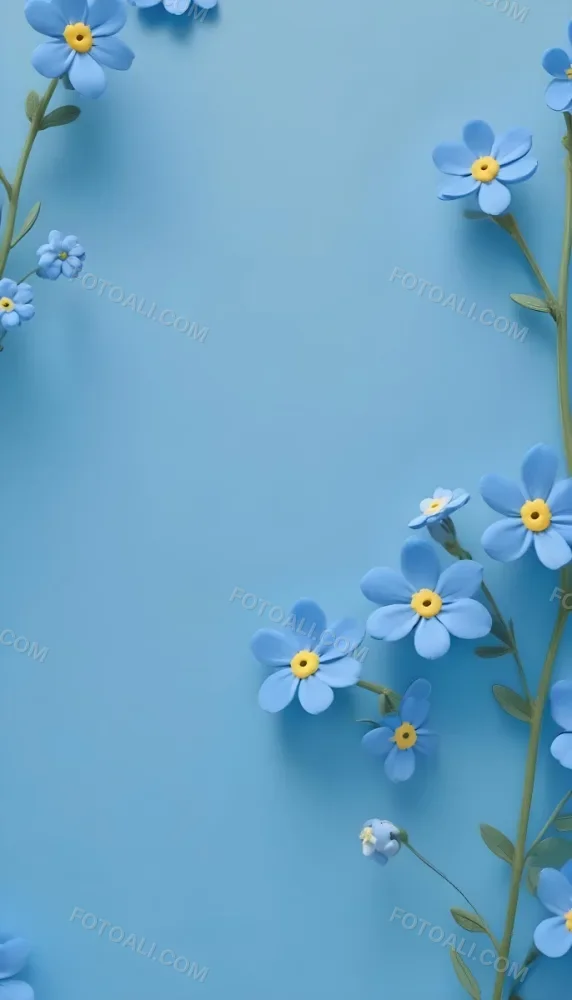 Adorable Cartoon Style Forget Me Not Flowers With Five Yellow Petals And A Blue Center Arranged On A Yellow Background With Stems And Buds Visible Creating A Delicate Floral Pattern 3d Render Cartoon 26 9144