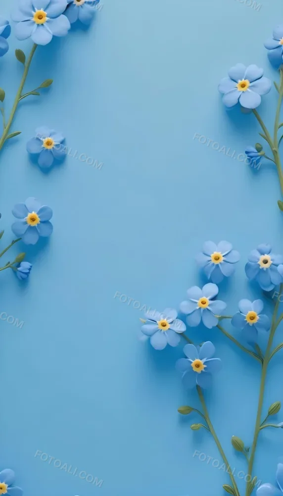 Adorable Cartoon Style Forget Me Not Flowers With Five Yellow Petals And A Blue Center Arranged On A Yellow Background With Stems And Buds Visible Creating A Delicate Floral Pattern 3d Render Cartoon 34 Fbd9