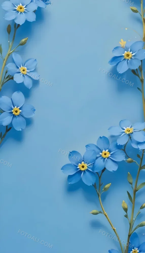 Adorable Cartoon Style Forget Me Not Flowers With Five Yellow Petals And A Blue Center Arranged On A Yellow Background With Stems And Buds Visible Creating A Delicate Floral Pattern 3d Render Cartoon 37 B2e3