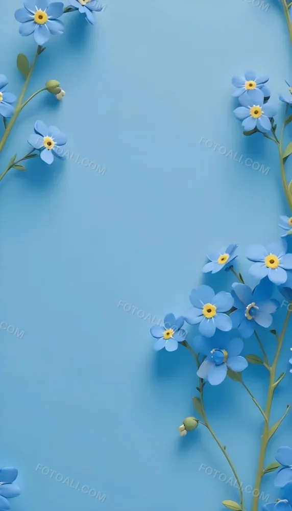 Adorable Cartoon Style Forget Me Not Flowers With Five Yellow Petals And A Blue Center Arranged On A Yellow Background With Stems And Buds Visible Creating A Delicate Floral Pattern 3d Render Cartoon 46 A67e