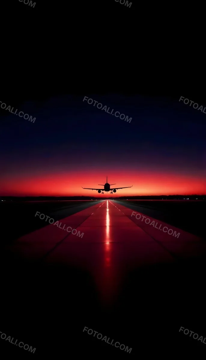 Airplane On A Runway At Night Red And Black Color Palette The Sky Is Dark With A Red Glow Dramatic Lighting 1 C9de