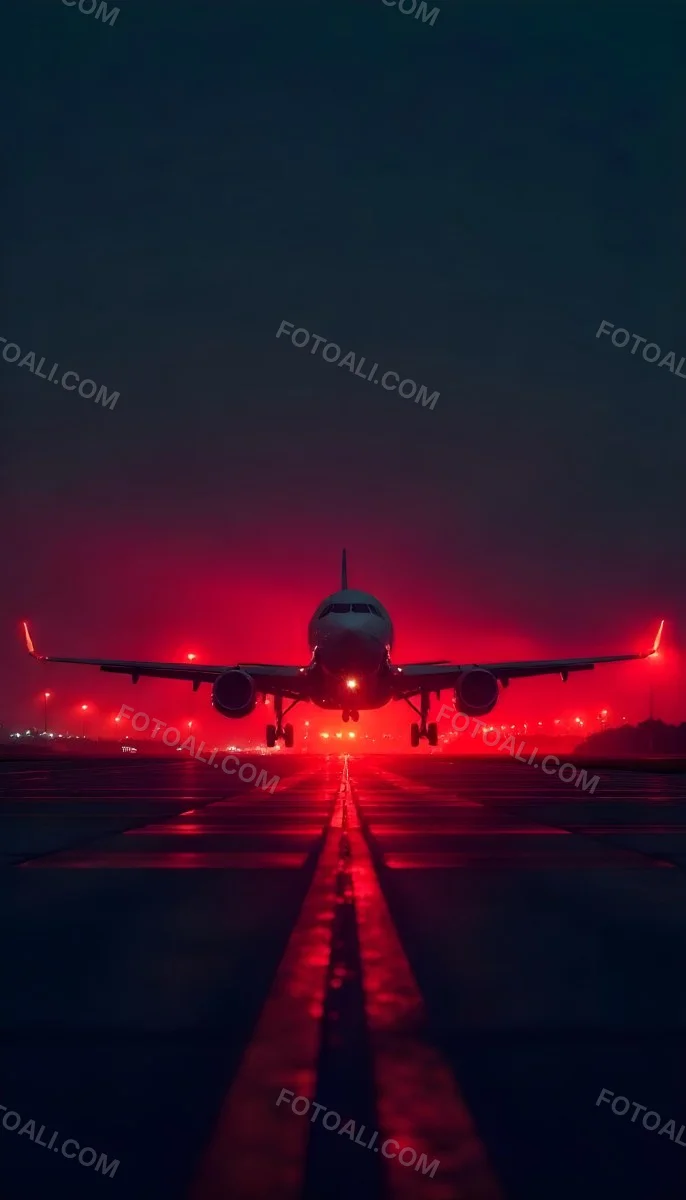 Airplane On A Runway At Night Red And Black Color Palette The Sky Is Dark With A Red Glow Dramatic Lighting 13 C088