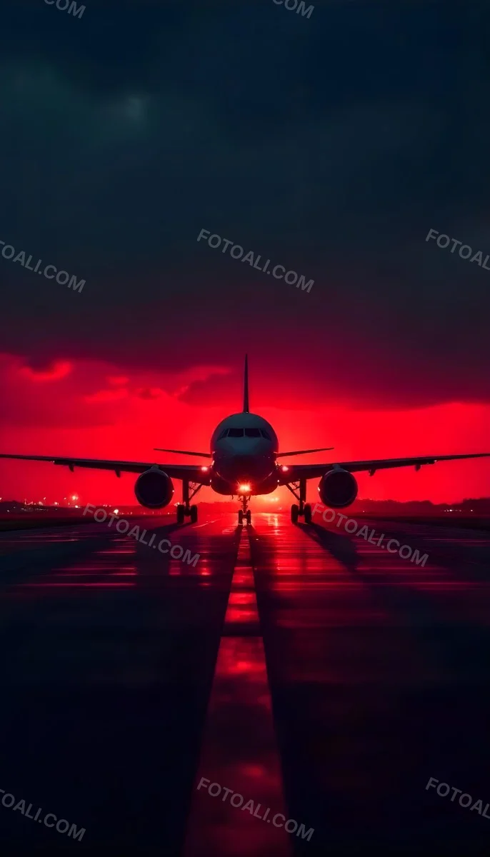 Airplane On A Runway At Night Red And Black Color Palette The Sky Is Dark With A Red Glow Dramatic Lighting 14 60f7