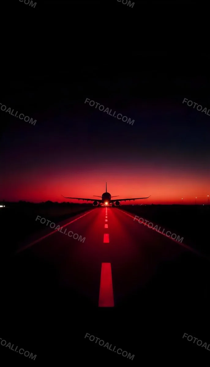 Airplane On A Runway At Night Red And Black Color Palette The Sky Is Dark With A Red Glow Dramatic Lighting 15 85ba